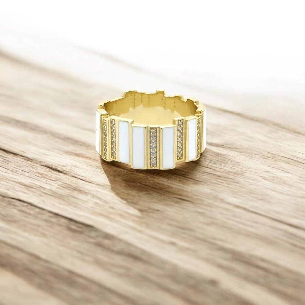 White Enamel and CZ Eternity Ring in Yellow Gold Plated 925 Sterling Silver